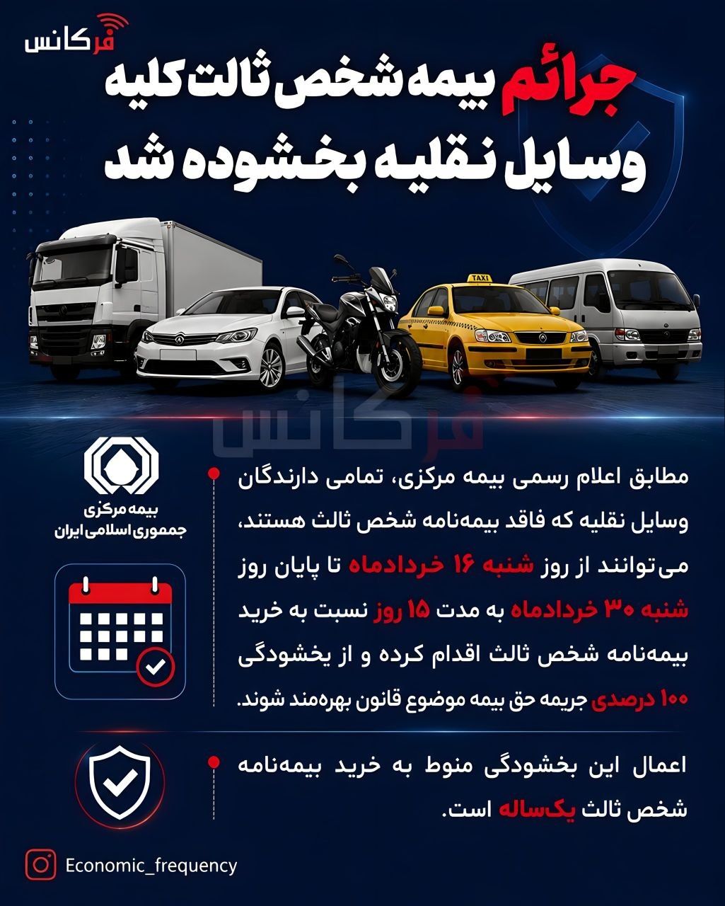 جرایم بیمه شخص ثالث کلیه وسایل نقلیه “بخشوده” شد